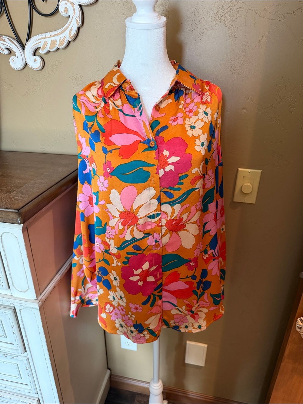 JODIFL Orange Floral Button-Down Blouse with Pink & Teal Accents